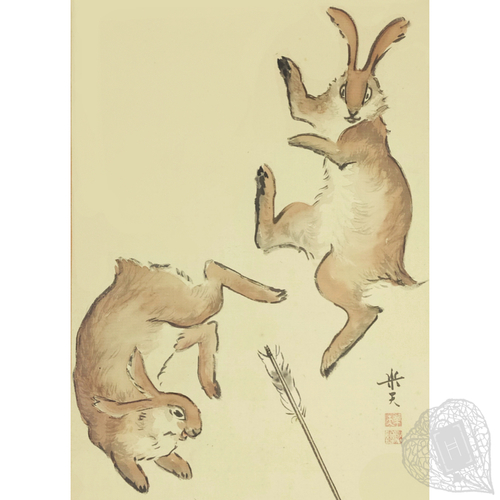 Hanging scroll of two rabbits Two rabbits in snow, by the manga artist Kitazawa Rakuten